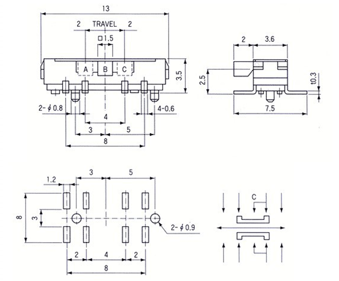 东莞新品上市鸿大开关四脚两档侧拨MK-23D19拨动开关