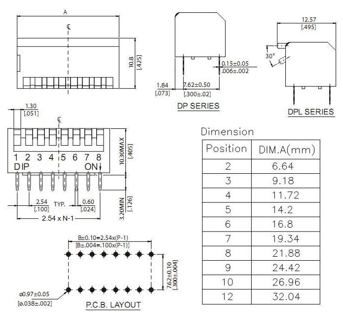 KF-1002-02 拨码开关侧拨直插红色蓝色 DIP编码开关