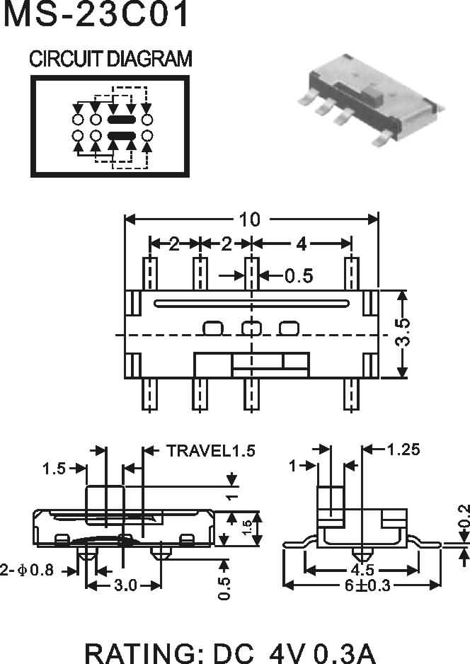 新品上市鸿大开关侧插带固定脚MS-23C01微型滑动开关