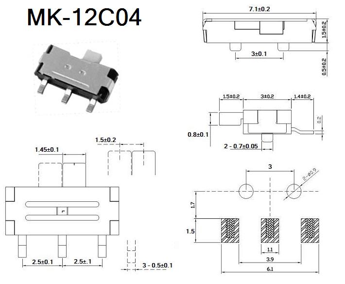 东莞大量批发鸿大开关三脚黑色MK-12C04侧拔拔动开关