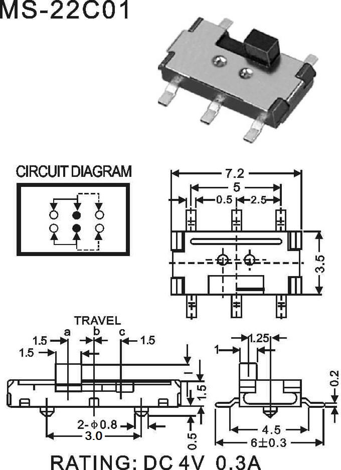 东莞各种规格鸿大开关五脚卧插MS-22C01微型拨动开关