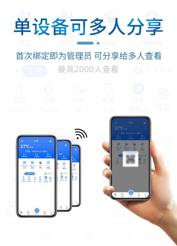 智慧农业智能手机远程无线监测温室大棚温湿度计