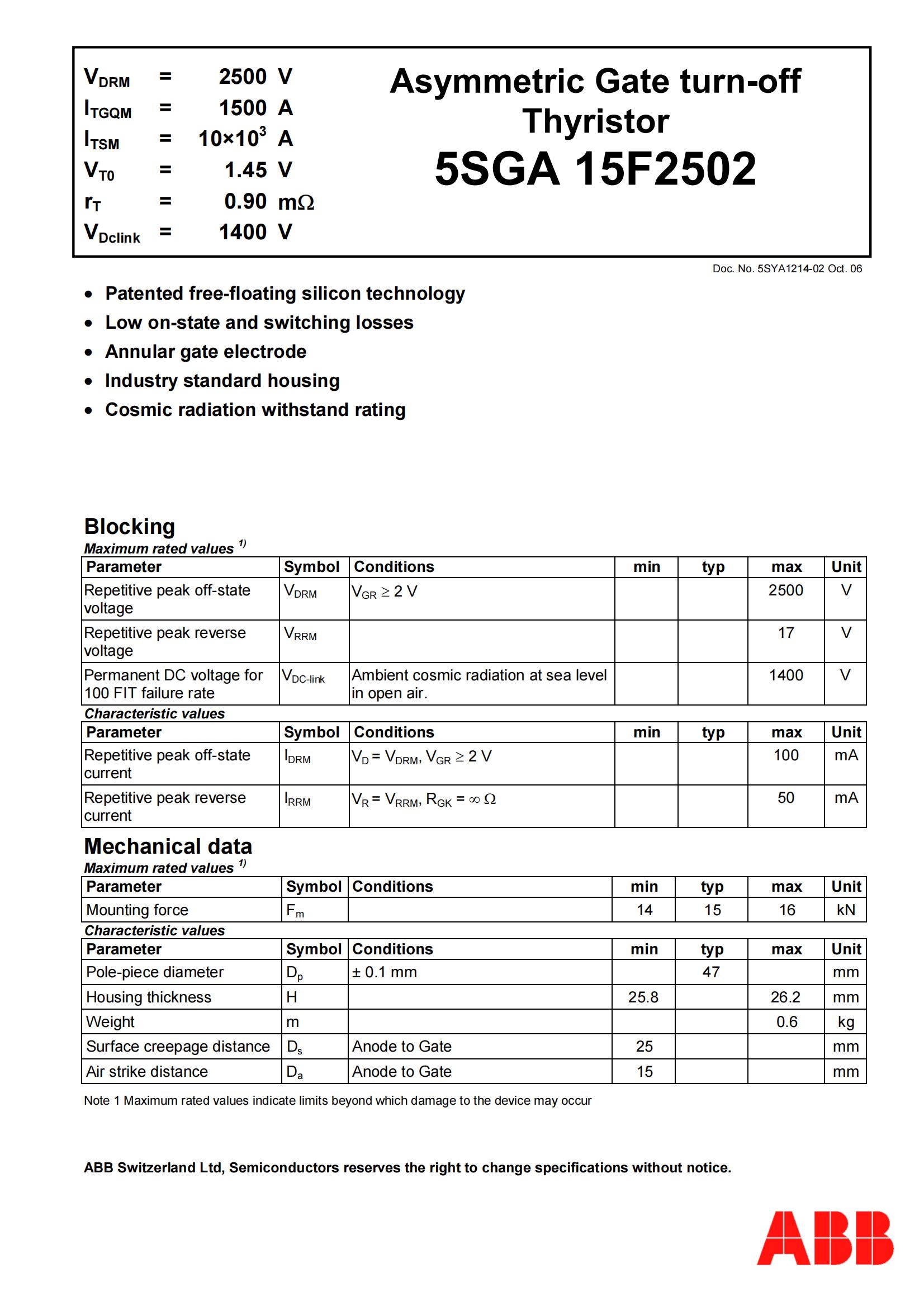 ABB GTO二极管5SGA 15F2502