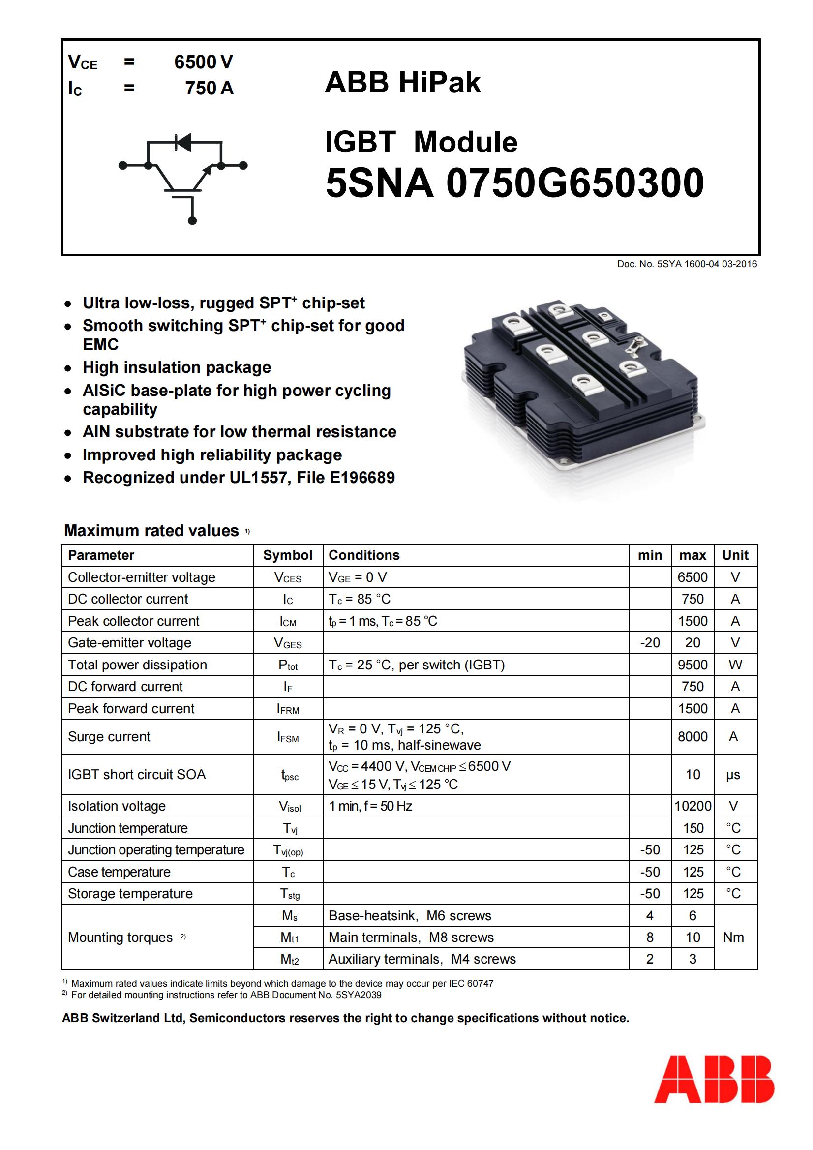 ABB IGBT模块5SNA0750G650300