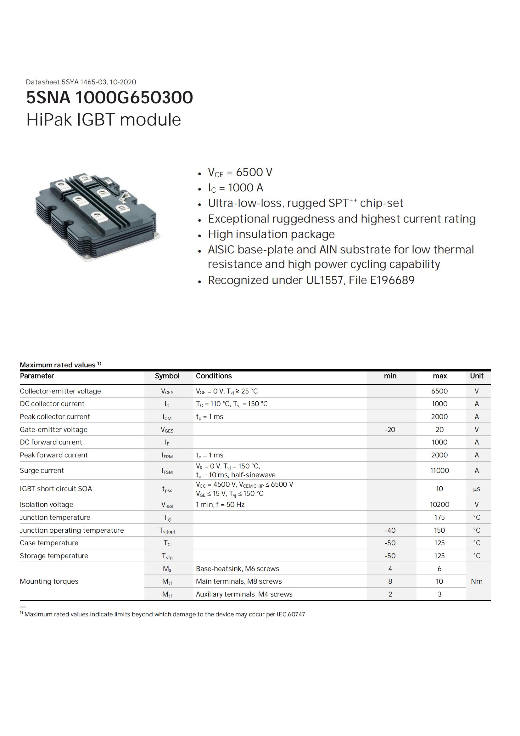 ABB IGBT模块5SNA1000G650300