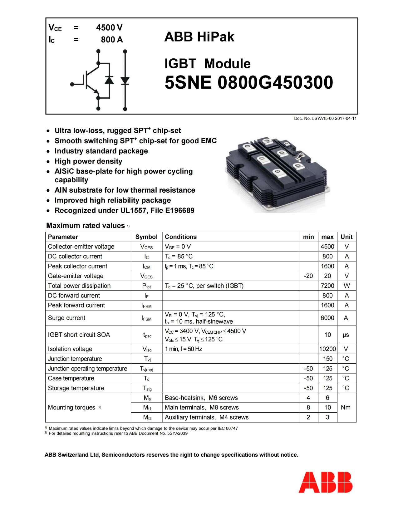 ABB IGBT模块5SNE0800G450300