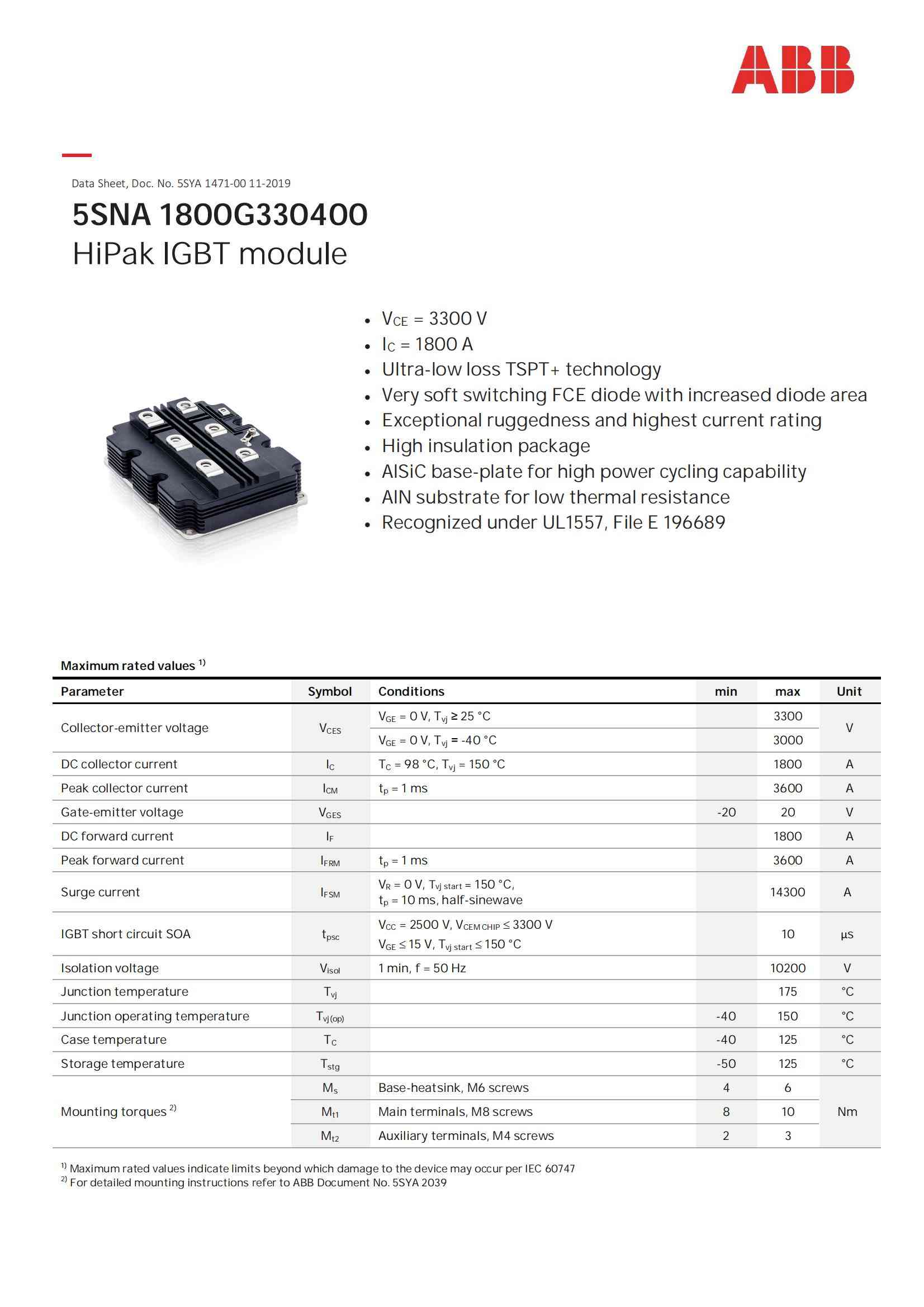 ABB IGBT模块5SNA 1800G330400