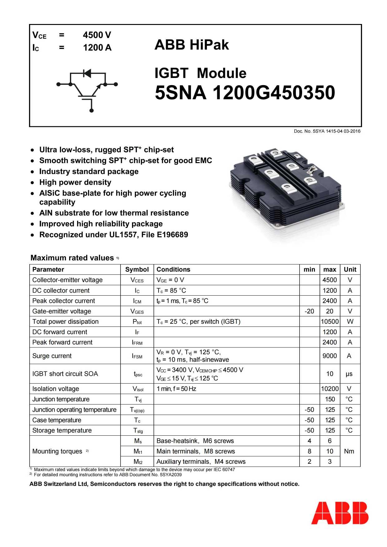 ABB IGBT模块5SNA 1200G450350