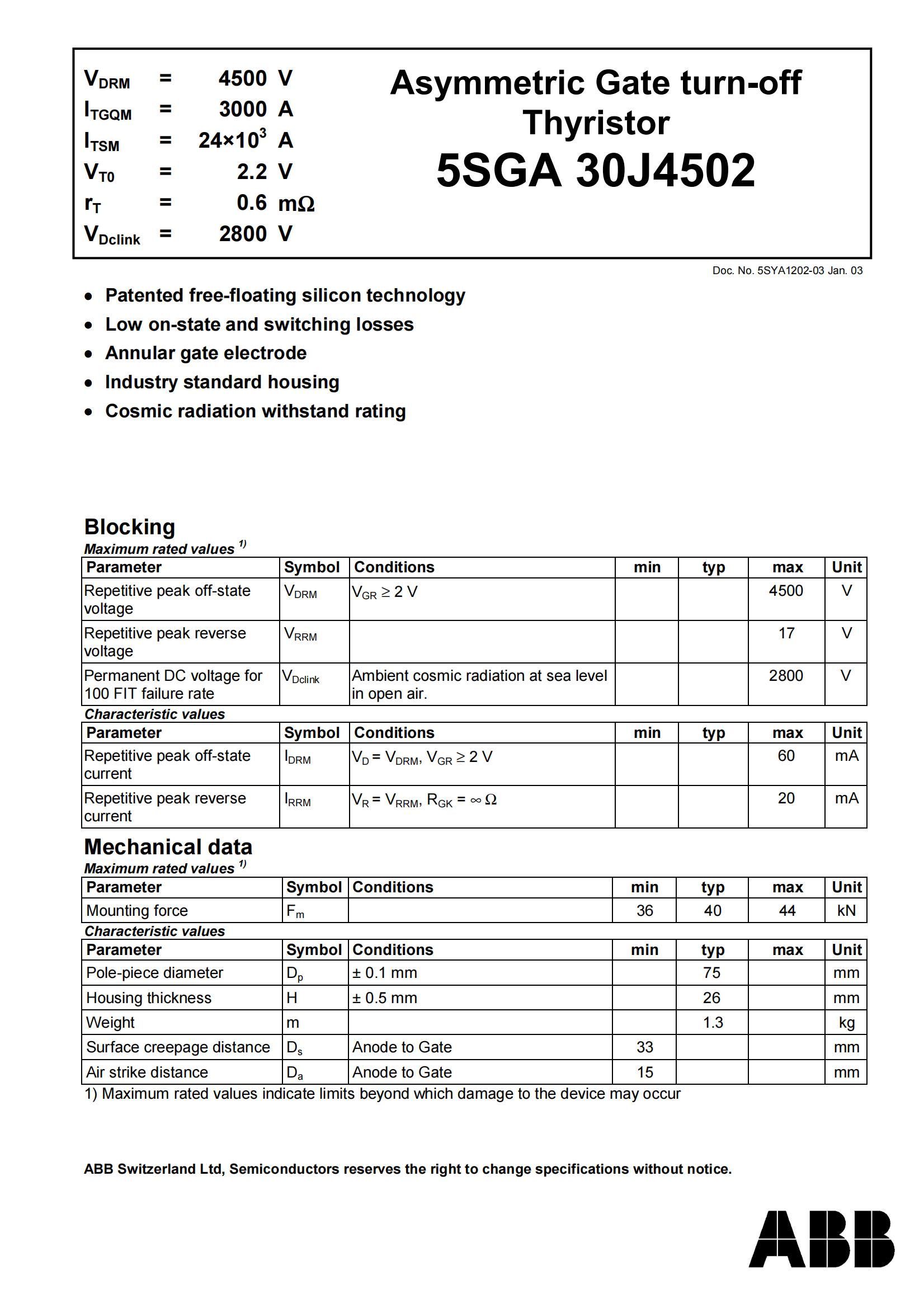 ABB GTO二极管5SGA 30J4502