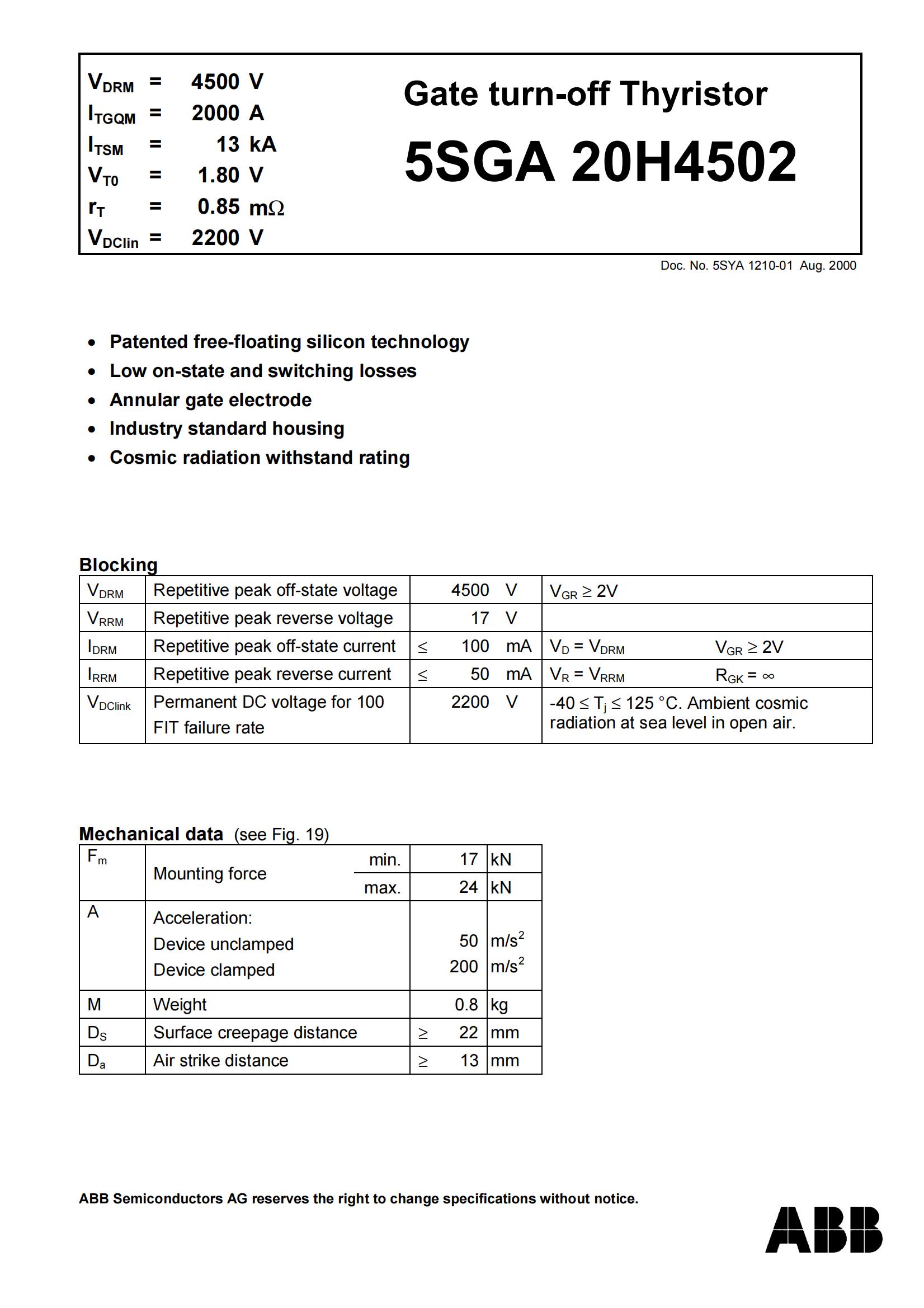 ABB GTO二极管5SGA 20H4502