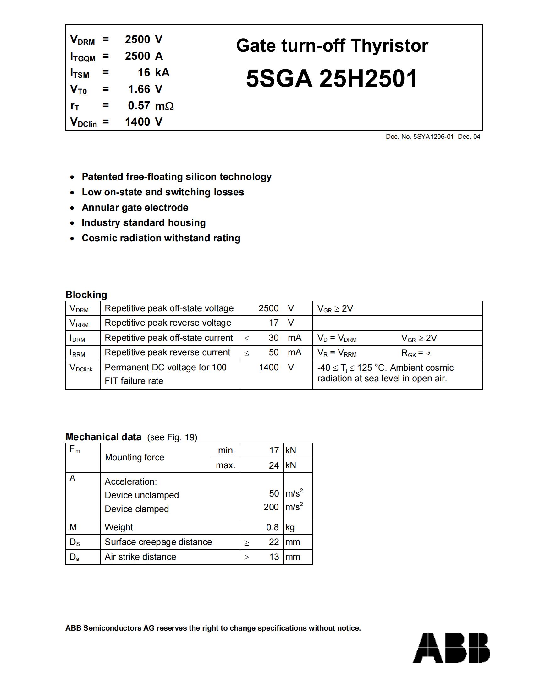 ABB GTO二极管5SGA 30J2501