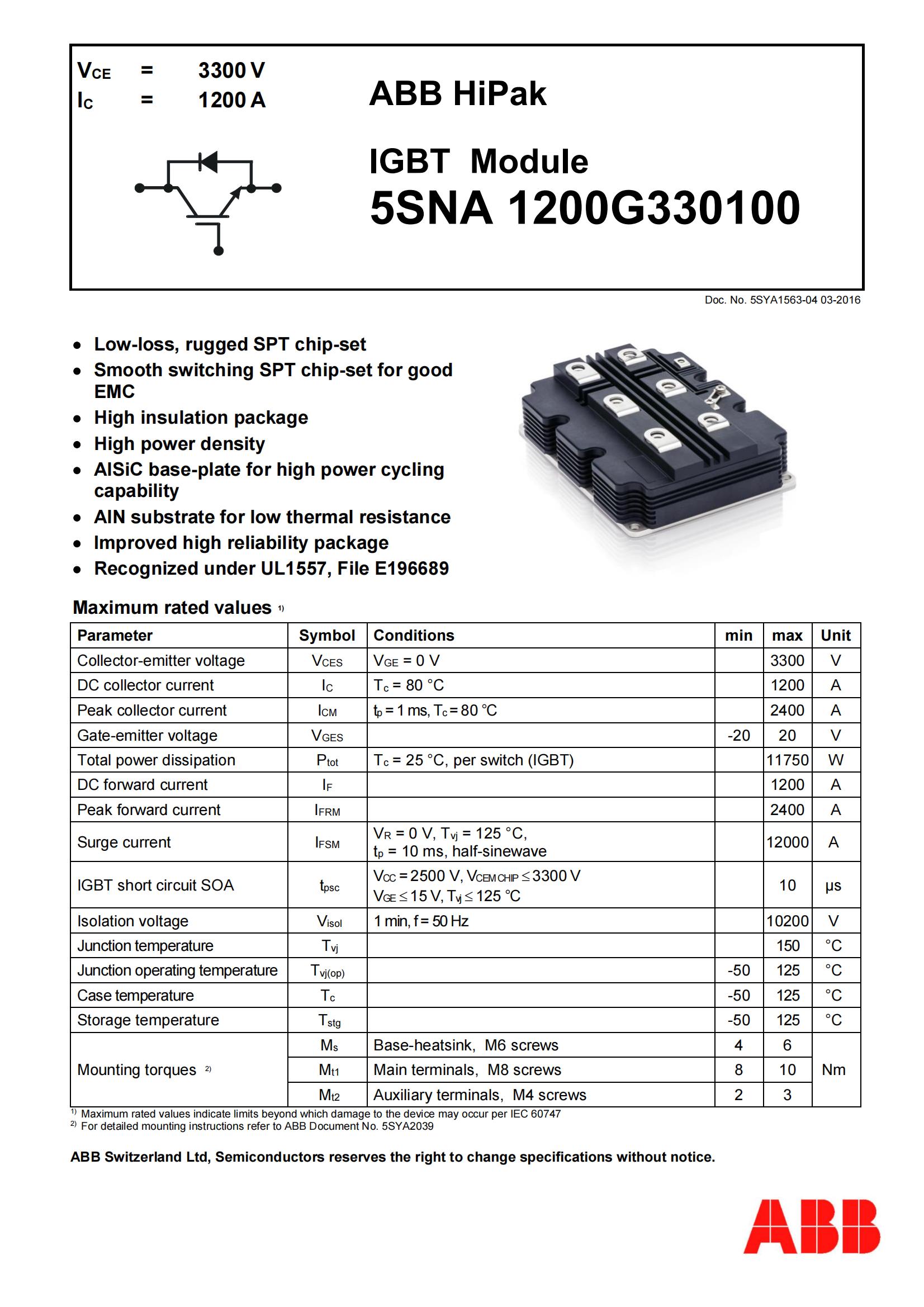 ABB IGBT模块5SNA 1200G330100