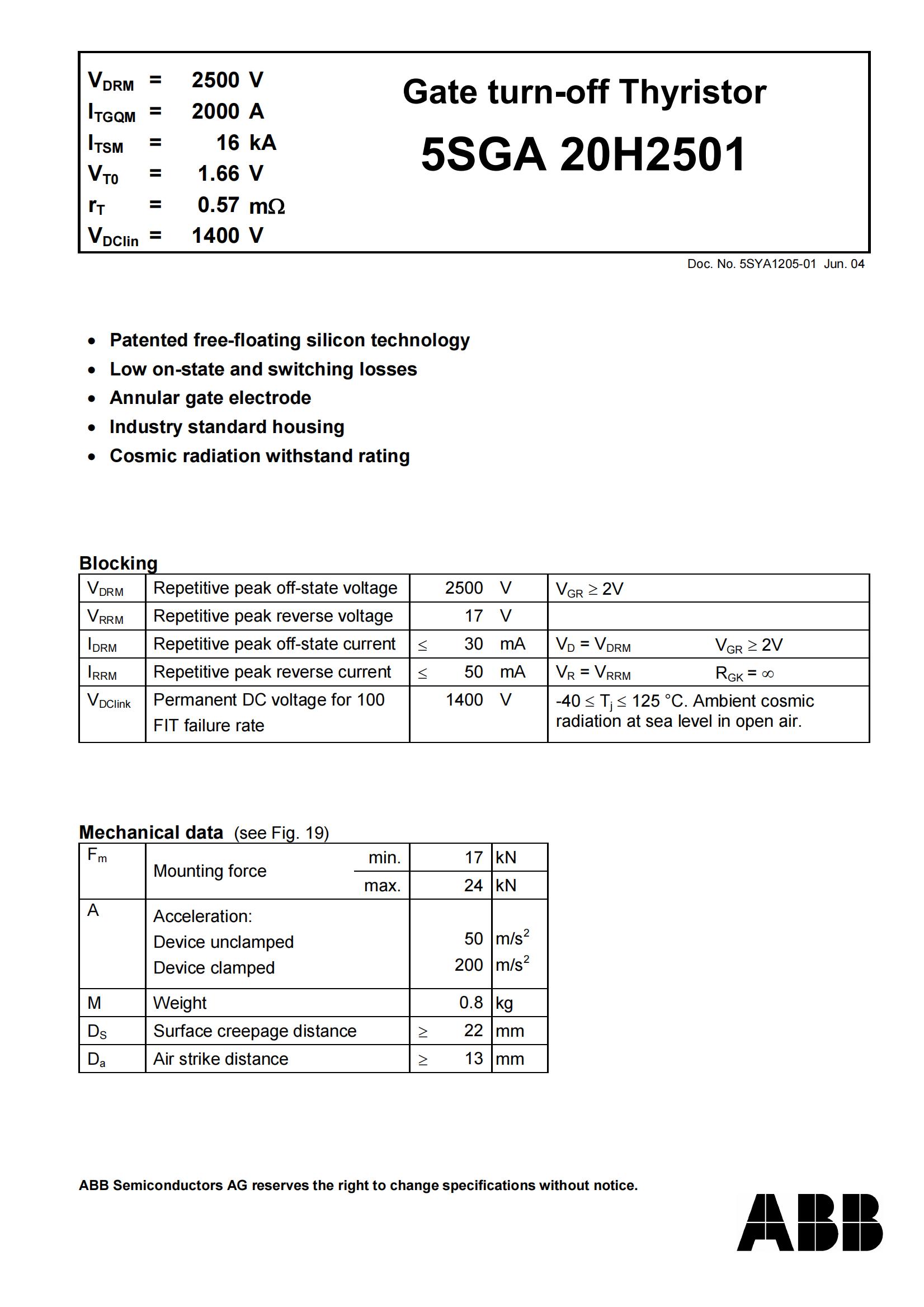 ABB GTO二极管5SGA 20H2501